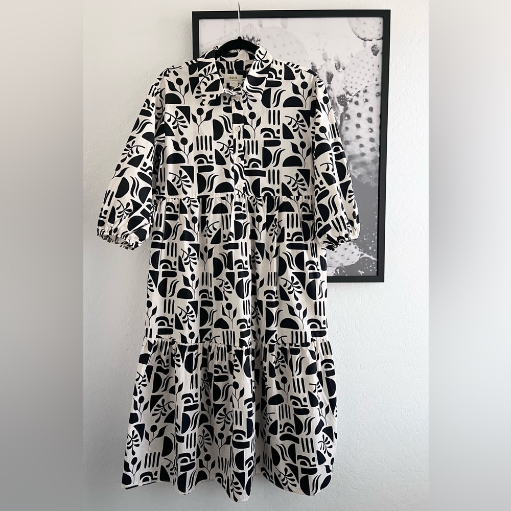 Maeve Black and Cream Long Sleeve Printed Midi Dress - Picture 2 of 14